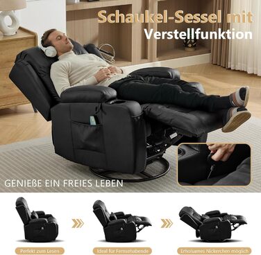 Крісло-гойдалка з функцією відкидання спинки, масажне крісло з функцією підігріву, крісло для телевізора з поворотом на 360 для вітальні, крісло-гойдалка з подушками/бічними кишенями/підстаканником (чорне)