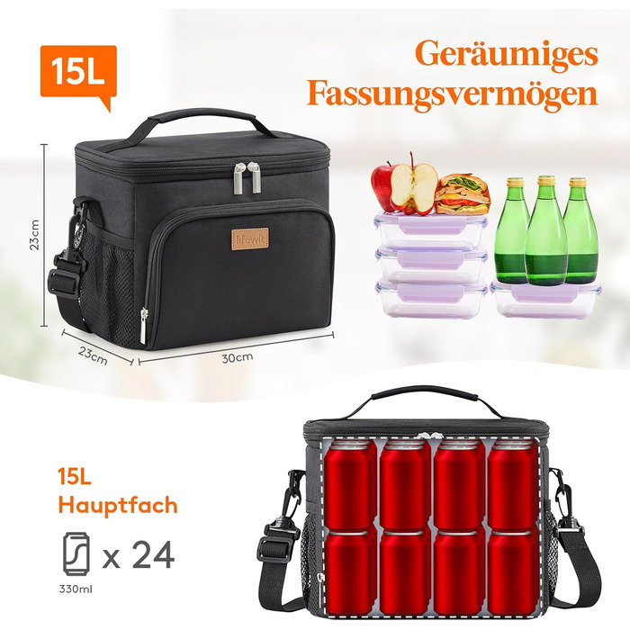 Ізольована сумка-холодильник Lifewit, багаторазова сумка для обіду, портативна герметична коробка-холодильник, сумка-тоут з регульованим плечовим ременем для дорослих для роботи/пікніка, чорна, 15 л 24 банки чорного кольору L