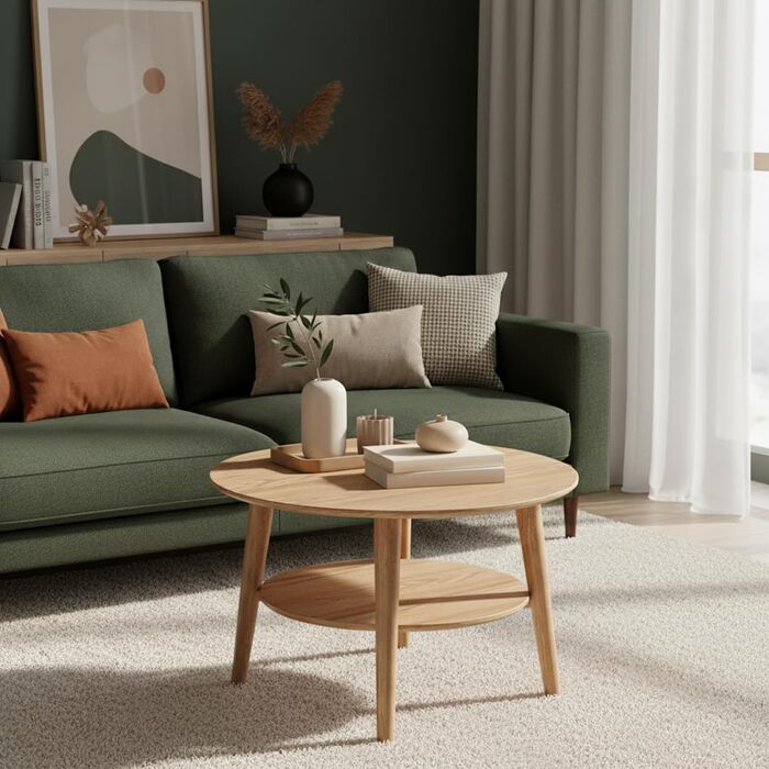 Круглий журнальний столик Skølm Mjlnir Ø70 см стіл для вітальні з масиву дуба диванний столик з 2 полицями невеликий журнальний столик, натуральне промаслене покриття дерев&39яний стіл для вітальні з місцем для зберігання круглий журнальний столик з натур