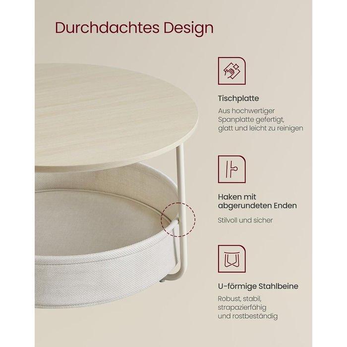 Круглий журнальний столик VASAGLE, столик із місцем для зберігання, приставний столик, столик для вітальні з тканинним кошиком, сучасний, металевий каркас, натуральний бежево-кремово-білий LCT244K01 Натуральний бежевий кремово-білий круглий
