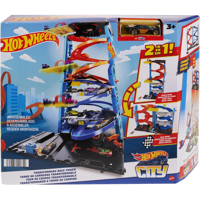 Міський трек Hot Wheels з 1 машиною, гоночна вежа 2-в-1, конвертується з одноколійної в двоколійну, ручний підйомник, HKX43 Race T