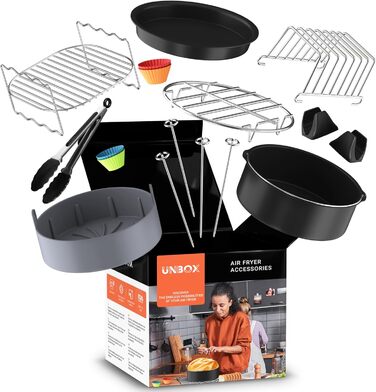 Аксесуари для фритюрниці UNBOX, аксесуари для круглої фритюрниці з 17 предметів для мультипечі XL, COSORI 4.7 л, Philips 6.2 л, Tefal 4.2 л, діаметр 20 см - з силіконовою формою та круглими аксесуарами книги рецептів