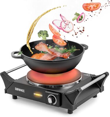 Електрична кемпінгова плита Duronic HP1 BK, 1500 Вт, портативна, виготовлена зі сталі з 1 електричною чавунною плитою, ручки для перенесення, регульована температура, зовнішня варильна поверхня