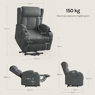Масажне крісло WOLTU, електрично регульоване, з функцією нахилу спинки, підйомник, масаж з підігрівом, підставка для ніг, бічні кишені, підстаканники, USB-порт, махрова тканина, сірий