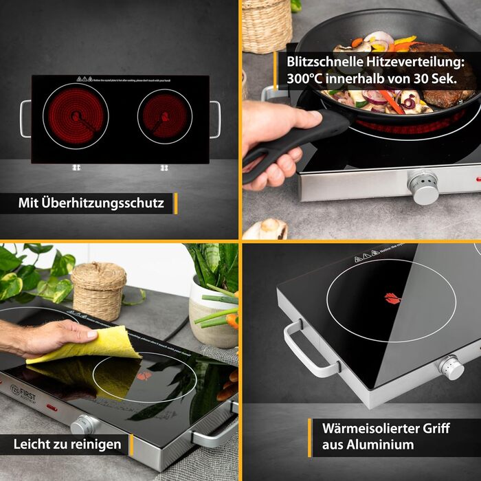 Перша в Австрії інфрачервона керамічна плита подвійна ВСІ види горщиків Подвійна конфорка 20см / 16,5см Варильна поверхня для переїзду, кемпінгу, дачного будинку - швидкий нагрів і плавне регулювання подвійний чорний