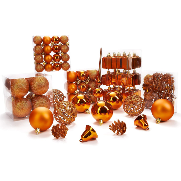 Набір різдвяних кульок із 101 предмета з верхівкою для ялинки помаранчеві BRUBAKER