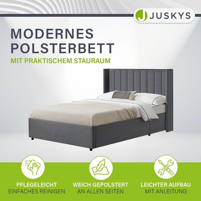 Ліжко Juskys Savona з м&39якою поверхнею 120x200 см, ліжко з місцем для зберігання, рейкова основа, оксамитовий чохол, дерев&39яний каркас ліжка, до 250 кг, велике узголів&39я, темно-сірий колір 120 x 200 см