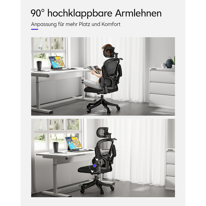 Ергономічне офісне крісло TUKAILAi, крісло керівника з поперековою опорою та підголівником, регульоване, підлокітники, що складаються на 90, висока спинка, сітчасте поворотне крісло для роботи вдома (чорне)