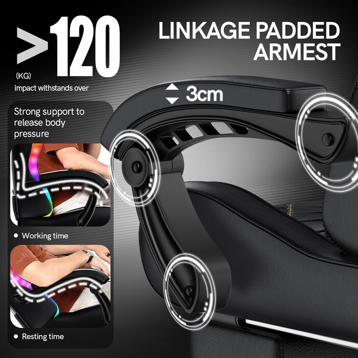 Ігрове крісло bigzzia з RGB LED - Ергономічне ігрове крісло з поперековою опорою та підставкою для ніг, регульоване та поворотне ігрове крісло зі штучної шкіри, 150 кг, чорне зі світлодіодним підсвічуванням