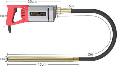 Електричний вібратор для бетону IMAYCC, внутрішній вібратор для пляшок потужністю 1300 Вт, вібраційний вібратор довжиною 2 м для бетону, швидкість вала перемішування 4300 об/хв, діаметр вібраційного валу 35 мм