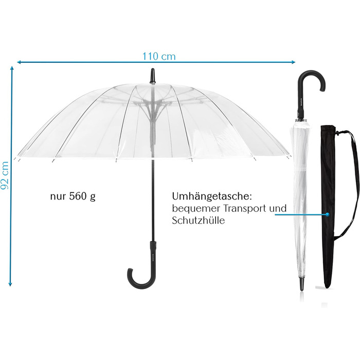 Парасолька Sternenfunke прозора велика XXL Ø110 см 16-реберна кнопка комфорту Прозора парасолька весілля 2 людини Велика прозора парасолька з сумкою для перенесення - край білий прозорий Ø110 см - великий - XL