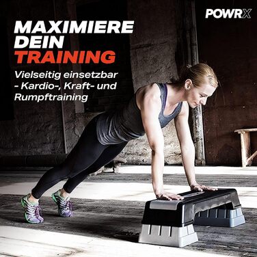 Аеробний степер POWRX 12/17/24 см (3 рівні) сірого кольору Степер з регульованою висотою та нековзним покриттям для аеробіки, гімнастики та фітнесу Домашня степ-лава чорного/сірого кольору