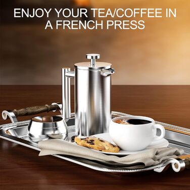 Кавоварка для френч-пресу Uootach 350 мл, високоякісні кавоварки з нержавіючої сталі, кавоварка френч-прес з потрійним фільтром з нержавіючої сталі, для дому, подорожей, кемпінгу (срібло)