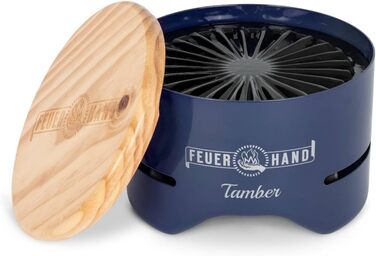Настільний гриль Feuerhand Tamber синього кольору Емальована решітка для гриля З антипригарним покриттям Горіння з низьким рівнем диму Зливні канавки для мастила та рідин, що подаються зі столом гриль на вугіллі