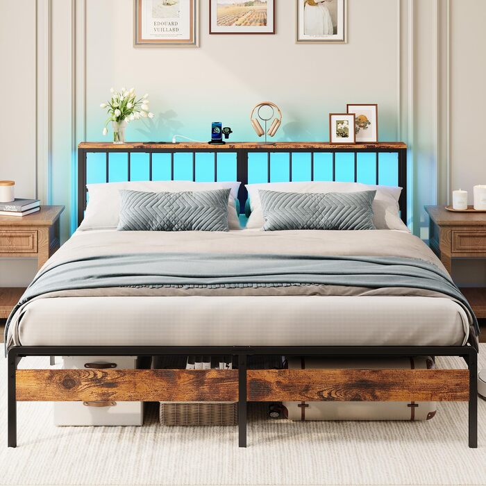 Каркас ліжка IRONCK 180x200, Ліжко зі світлодіодним підсвічуванням та розетками, Місце для зберігання речей під ліжком, 2 розетки змінного струму, 1 порт USB та 1 порт Type-C, Двоспальне ліжко з металевою рейковою основою, 180x200 см