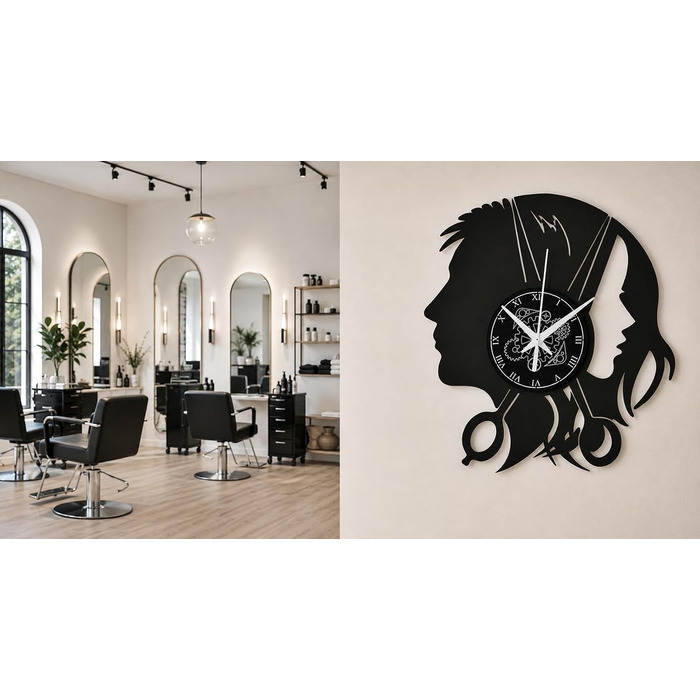 Настінний годинник Barber Shop для перукарні та салону краси Безтихий механізм, вінтажний дизайн, ідея для подарунка (Чорний MM1)