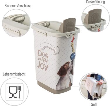 Контейнер для корму Rotho MyPet Cody 25л з кришкою та дозатором, пластик (PP) без BPA, антрацит/білий, 25л (33.0 x 25.0 x 46.3 см), дизайн з собачками