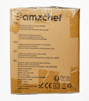 Електричний кухонний подрібнювач AMZCHEF, мультиподрібнювач 500 Вт з чашею з нержавіючої сталі 1,5 л, 2 режими швидкості, 4 леза для м'яса, овочів, цибулі, фруктів, функція безпеки
