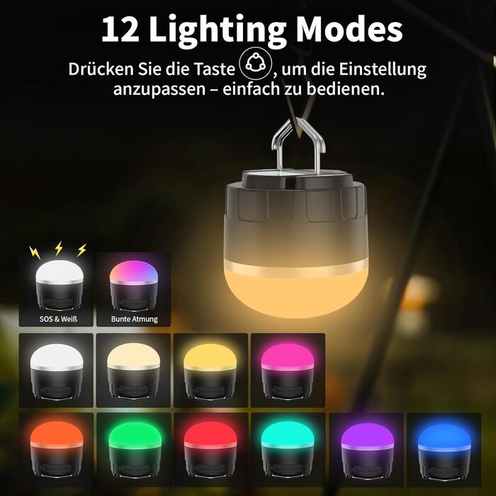 Акумуляторний світлодіодний ліхтар для кемпінгу, портативний ліхтар для намету 1000 люмен з 12 режимами RGB-освітлення, портативний зарядний пристрій, водонепроникний, міні-ліхтарик з магнітною основою для надзвичайних ситуацій, відключення електроенергії