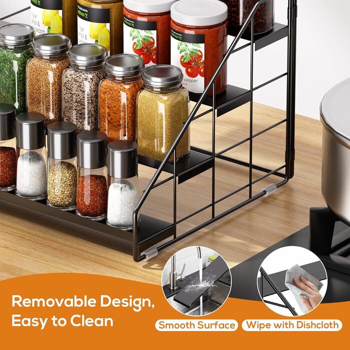 Рівнева підставка для спецій, не потребує свердління, регульована підставка для спецій, сходи для спецій, шафа для спецій, зберігання спецій для кухні, стільниці, комори (чорна, 2 шт.) XXL, 4-