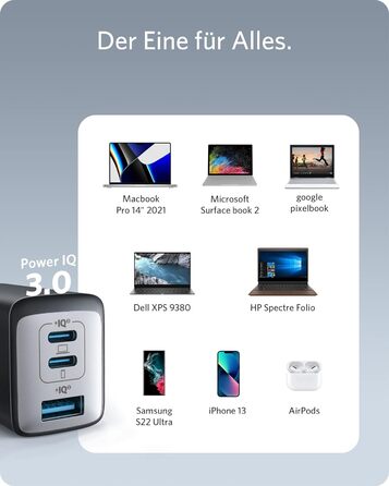 Компактний адаптер живлення USB-C для MacBook Pro, iPad Pro, Steam Deck, Galaxy S20, Dell XPS 13, Note 20/10, iPhone 15, Pixel Bla