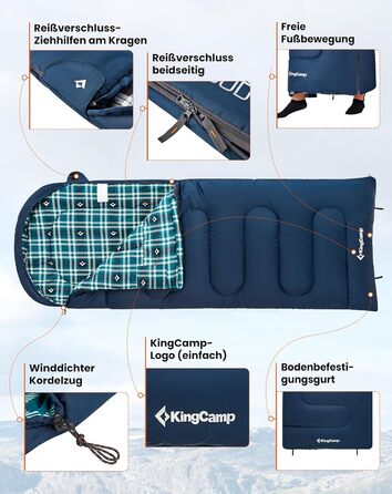 Спальний мішок KingCamp для дорослих, зимовий, фланелевий, компактний, 3-4 сезони, ковдра для кемпінгу, подорожей, наметів, походів, на вулиці, в приміщенні, від 4C до -15C/230 x 90 см Thicker Pro Navy-L-Zip