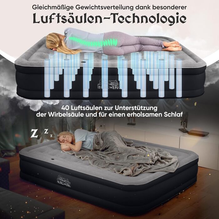 Надувний матрац для 2 осіб система 3 в 1 Елегантне гостьове ліжко та кемпінгове ліжко Надувний матрац з електричним насосом 150x200 Самонадувальний надувний матрац для 2 осіб, чорний/антрацит