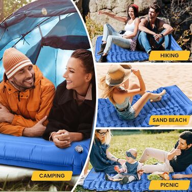 Килимок для сну для кемпінгу, надлегкий надувний кемпінговий матрац з ножним насосом та подушкою, складний водонепроникний надувний матрац, килимок для сну з антиріпстопним покриттям для походів, пляжний, для використання на свіжому повітрі, темно-синій