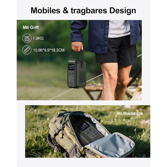 Портативна електростанція AsperX 192 Вт/140 Вт - мобільний сонячний генератор для кемпінгу з аварійною лампою, акумулятор LiFePO4 ємністю 60 000 мАг, портативний зовнішній акумулятор E для подорожей - темно-зелений