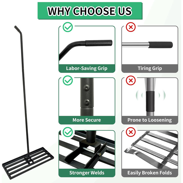 Гребінь для газону Rasen Rakel 75x25 см, міцний вирівнюючий грабель з ергономічною вигнутою ручкою (185 см), ідеально підходить для ґрунту, щебеню, добрив, саду, подвір'я та гольф-поля