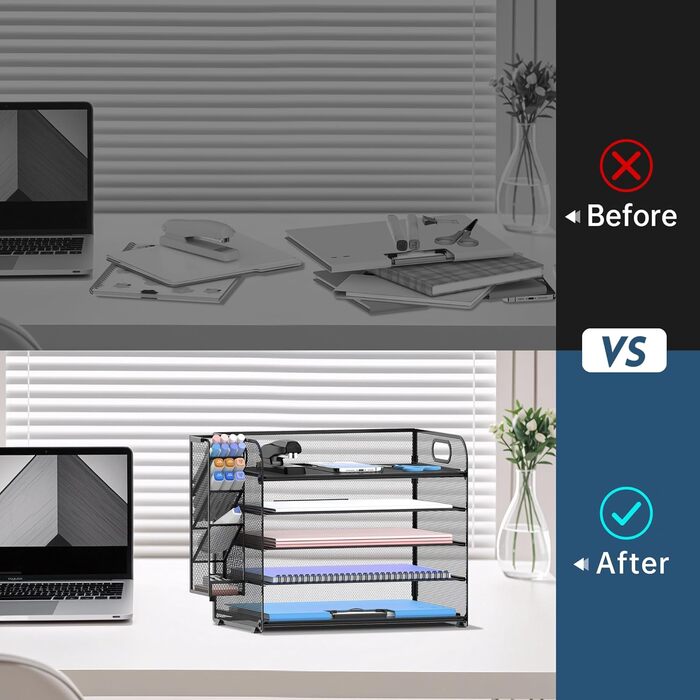 Рівневий органайзер для столу SUPEASY з ручкою, знімні тримачі для ручок, сітчастий органайзер для паперу/файлів для столу, органайзер для лотка для паперу та листів для офісного приладдя (чорний), 5-