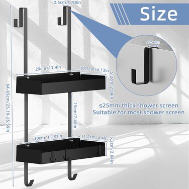 Підвісна полиця для душу, органайзер для скляних душових дверей, тримач для шампуню, кошик для душу без свердління, чорний, з 8 гачками, нержавіюча сталь 65.5x30x11.2 см