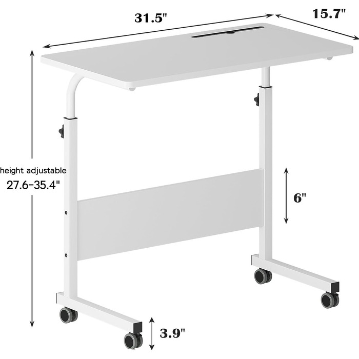 Регульований мобільний приліжковий столик SOGES Furniture 80 см, портативна підставка для ноутбука з тримачем для планшета, бічною полицею, стіл для ноутбука, регульована висота, компютерний стіл для роботи стоячи, білий