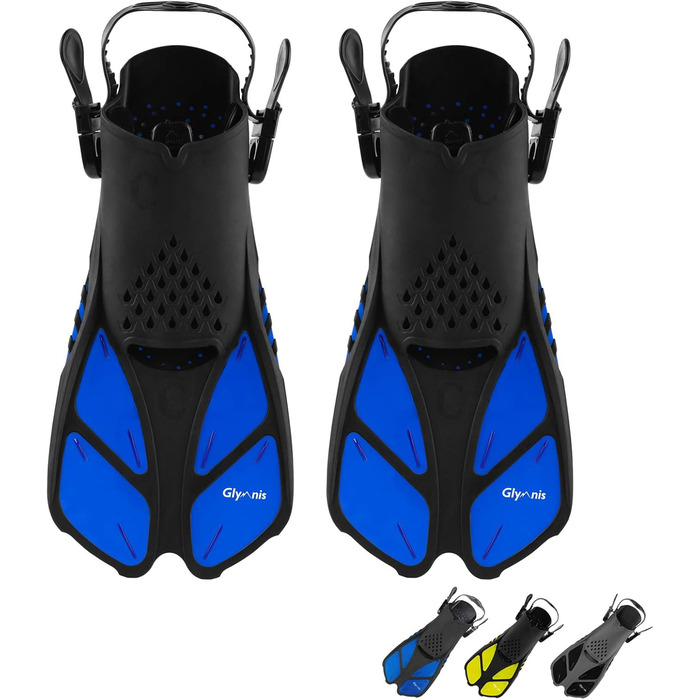 Ласти для сноркелінгу Glymnis, регульовані, для дорослих та дітей, короткі ласти для дайвінгу, плавання, сноркелінгу, розмір S/M (37-41), чорний/синій