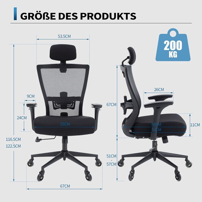 Офісний стілець Bosmiller 200 кг, ергономічний стілець XXL, обертовий стілець з 3D-підлокітниками, регульованим підголівником, крісло керівника, сітчастий офісний стілець, сірий