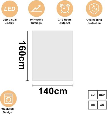 Підігріта ковдра DOEL 160x140 см, подвійна підігріта підковдра з 10 режимами нагріву, електрична підігріта ковдра з автоматичним вимкненням 3/12 годин, підігрів матраца, який можна прати в пральній машині, 220-230 В, 50-60 Гц, 115 Вт, білий
