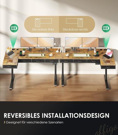 Кутовий стіл OffiGo, регульована висота, 160x80 см, Стіл з регульованою висотою та 4 шухлядами, електричний L-подібний стіл з розеткою для офісу та навчання, великий кутовий стіл, вінтажний коричневий, 160 x 80 см