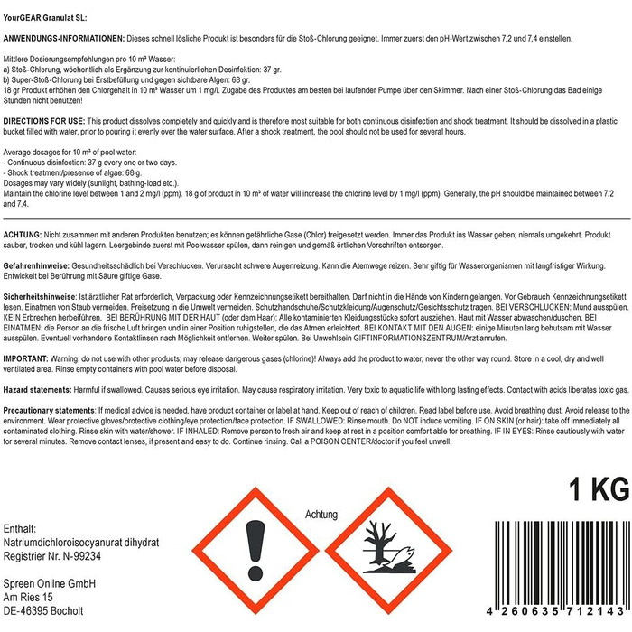 Хлорні гранули yourGEAR SL - 56 активного хлору, швидкорозчинні, ефективні проти водоростей, бактерій, грибків і вірусів в контейн