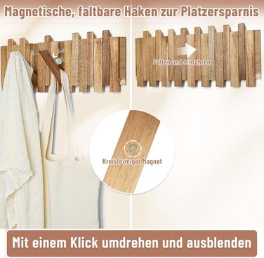 Звичайна дерев&39яна вішалка для пальто в сільському стилі з 8 гачками магнітна конструкція в шаховому порядку, відкидні настінні гачки для передпокою 42,5 см компактна настінна вішалка для курток, пальто та сумок. Розташування в шаховому порядку з 8 гачк