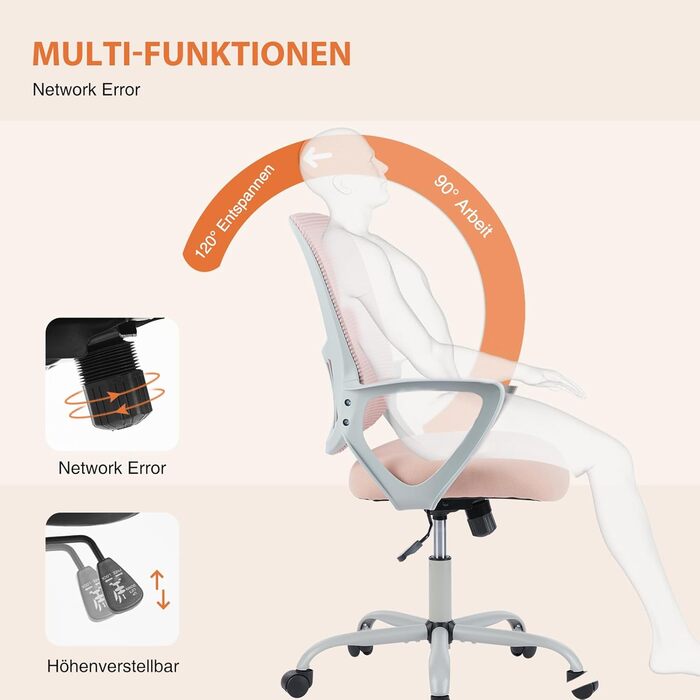 Ергономічне офісне крісло Sweetcrispy, стілець для роботи з поперековою опорою, регульована висота, офісне крісло з підлокітниками, підходить для офісу та спальні, сіро-рожеві фіксовані підлокітники