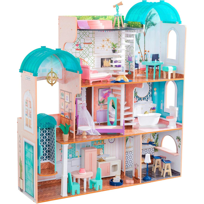 Дерев&39яний ляльковий будиночок KidKraft Camila з меблями та аксесуарами, ігровий набір з котом, ліфтом та басейном для ляльок 30 см, іграшка для дітей віком від 3 років, 65986 - ексклюзивно на Storeo