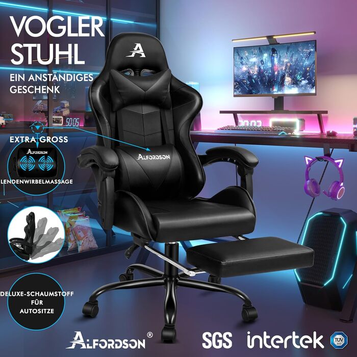 Крісло для відеоігор ALFORDSON, ергономічне офісне крісло, масажне гоночне крісло, висувна підставка для ніг, шкіра штучна, регулювання висоти та нахилу, вантажопідйомність 180 кг, чорний колір Vogler - чорний
