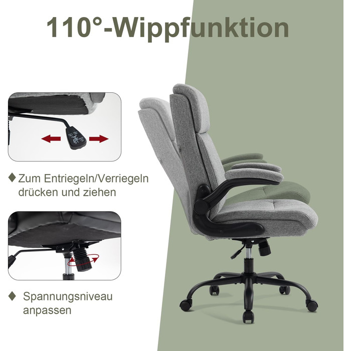 Ергономічне офісне крісло CASTLOVE - Робоче крісло зі спинкою - Відкидні підлокітники - Висока спинка - Регульована висота - Функція гойдання (Тканина офісного крісла сірого кольору, макс. 150 кг)