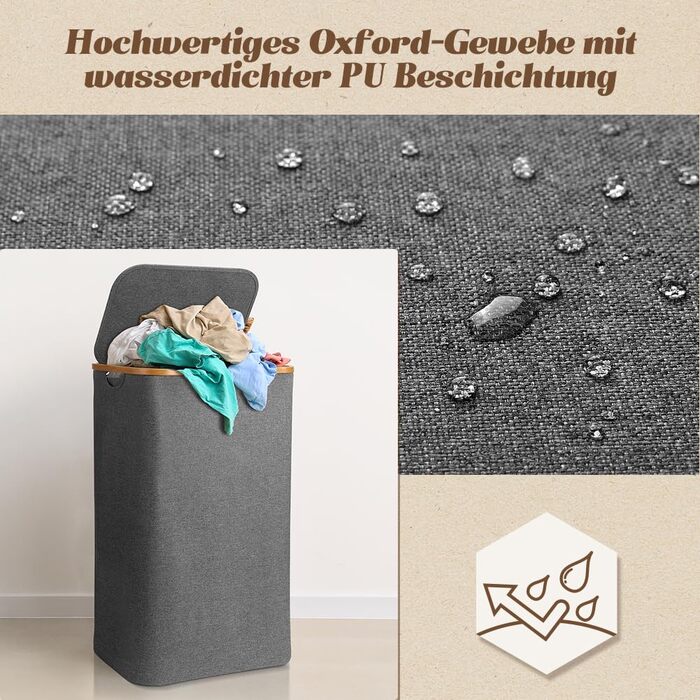 Кошик для білизни з кришкою 105 л кошик для білизни складаний з тканини Оксфорд 600D зі знімним мішком для білизни бамбуковий ящик