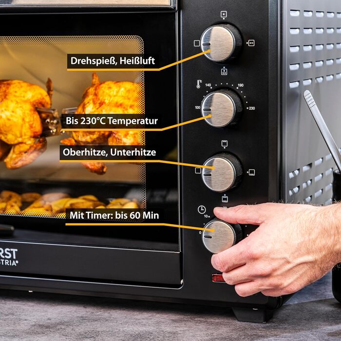 Міні-піч TZS First Austria, 2000 Вт, 60 л, з внутрішнім освітленням, функцією конвекції, гриль для 2 курей, міні-піч для піци, знімний піддон для крихт 60 л Аналогічні