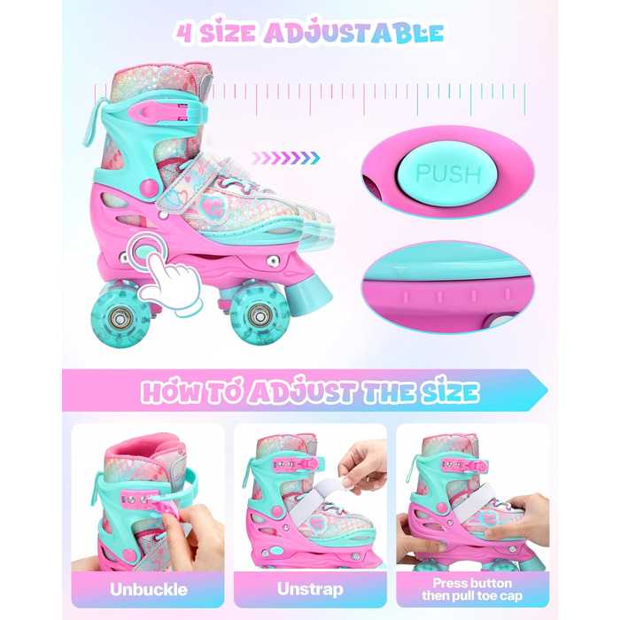 Роликові ковзани Sportneer для дівчаток, EU 23-36, райдужні роликові ковзани для дітей, 4 регульовані розміри із захисним спорядженням, роликові ковзани для початківців, подарунки на Різдво та день народження, рожеві XS (EU 23-26)