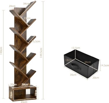 Рівнева книжкова полиця з шухлядою, книжкова полиця/полиця для CD/DVD у формі дерева, окремостояча полиця у формі дерева, перегородка для кімнати/полиця для файлів/полиця для зберігання, дерев&39яна, 38x20x149,5 см, вінтажний коричневий колір, 10-