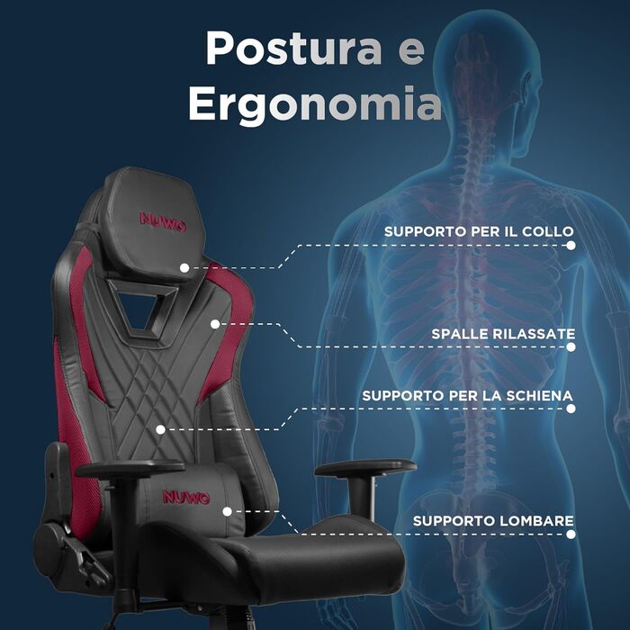 Ергономічне ігрове крісло Nuwo DoXx, крісло для ПК, ігрове крісло, 2D підлокітники, регульована спинка та висота, поперекова підтримка та підголівник, 120 кг, червона серія DoXx