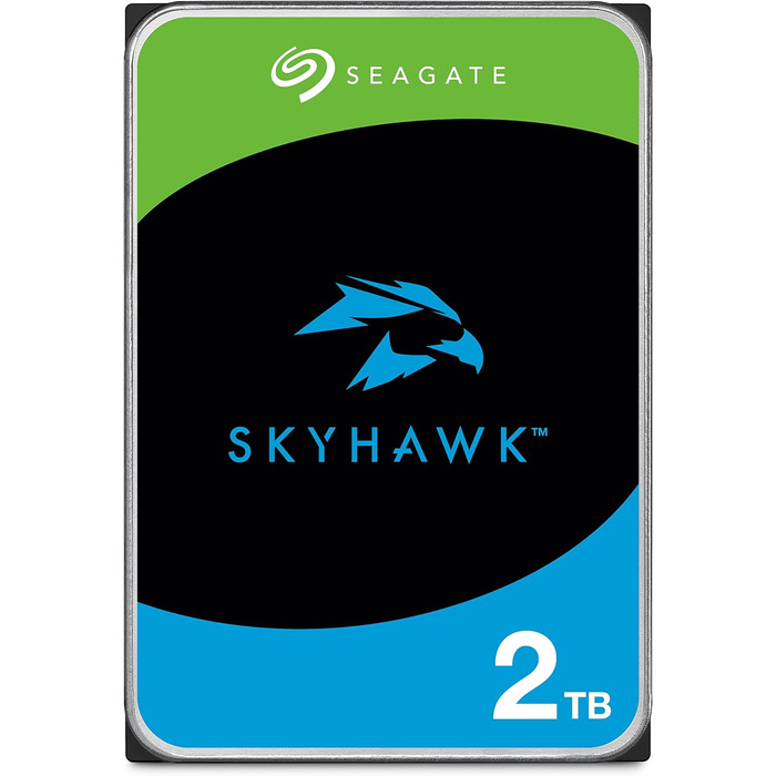 Внутрішній жорсткий диск Seagate SkyHawk 2 ТБ, відеозапис до 64 камер, 3,5 дюйма, 64 МБ кеш-пам'яті, SATA 6 ГБ/с, сріблястий, FFP, вкл. 3 роки служби порятунку, номер моделі ST2000VXZ17