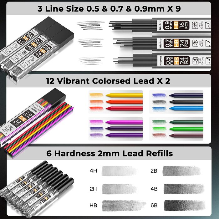 Набір механічних олівців Nicpro з 37 предметів, 8 олівців для малювання 0,5, 0,7, 0,9 та 2 мм, тримач для олівців для ескізів та малювання з 20 тюбиками (кольори 6B, 4B, 2B, HB, 2H, 4H), гумка для грифелів